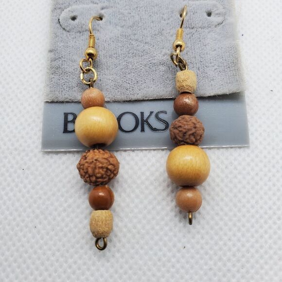 Vintage Brooks Wooden Beaded Dangling Earrings - Picture 2 of 3